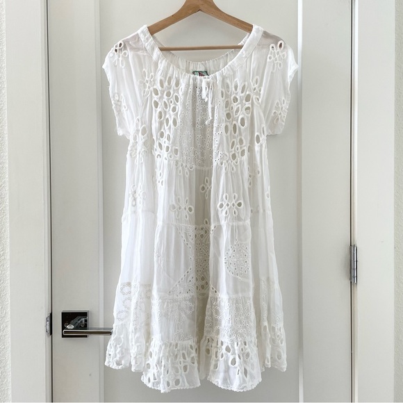 JOHNNY WAS White Eyelet Lace Mini Bay Doll Dress Swim Coverup With Slip Size S - Picture 3 of 11